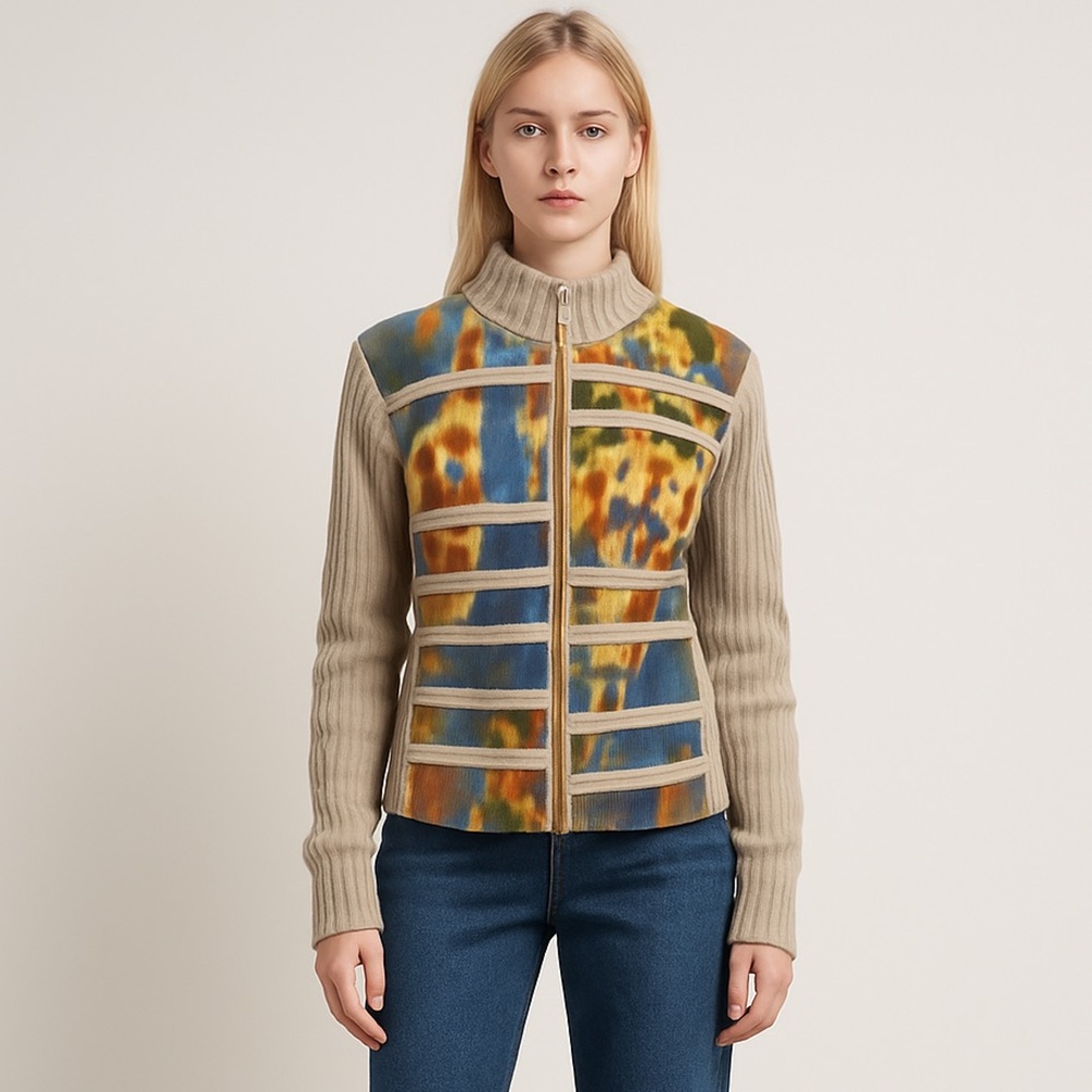 St. John Abstract Full Zip Wool Knit Striped Jacket M